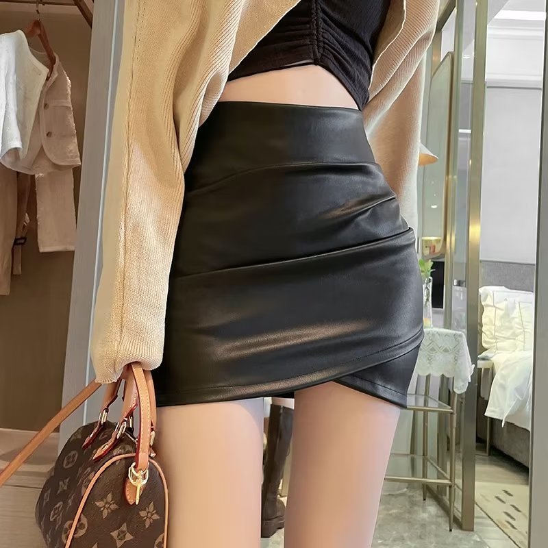 High Waist Cross Irregular PU Leather Skirt